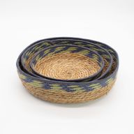 Paniers Plateau en Paille & Jonc de Mer – Naturel Vert & Bleu – Set de 3