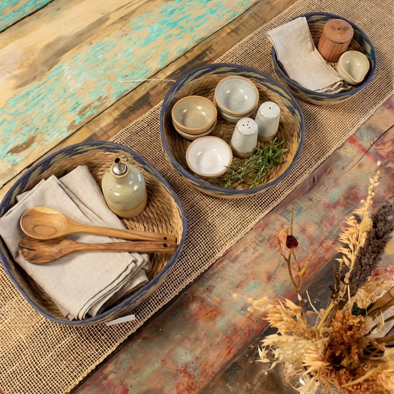 Paniers Plateau en Paille & Jonc de Mer – Naturel Vert & Bleu – Set de 3