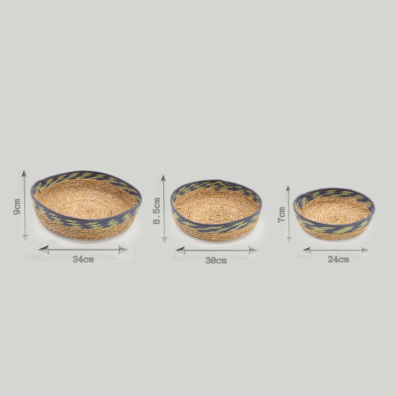 Paniers Plateau en Paille & Jonc de Mer – Naturel Vert & Bleu – Set de 3
