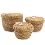 Paniers Ronds en Jonc de Mer & Coton avec Couvercles – Naturel – Set de 3