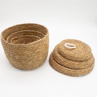 Paniers Ronds en Jonc de Mer & Coton avec Couvercles – Naturel – Set de 3