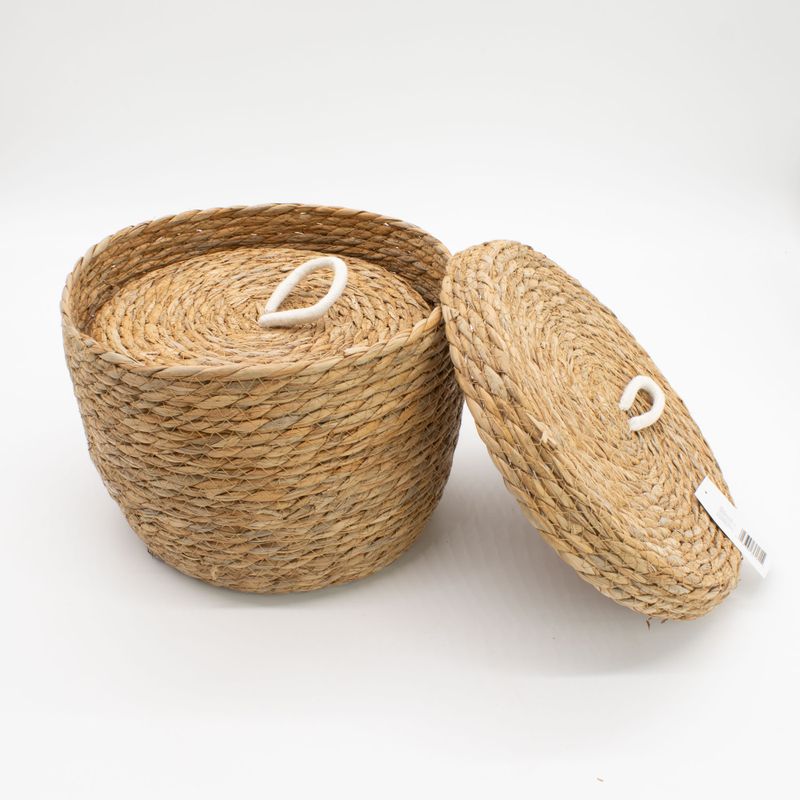 Paniers Ronds en Jonc de Mer & Coton avec Couvercles – Naturel – Set de 3