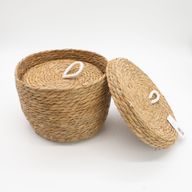 Paniers Ronds en Jonc de Mer & Coton avec Couvercles – Naturel – Set de 3
