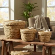 Paniers Ronds en Jonc de Mer & Coton avec Couvercles – Naturel – Set de 3