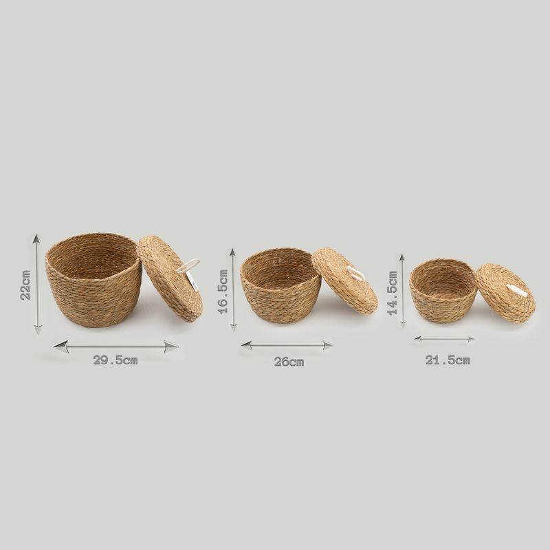 Paniers Ronds en Jonc de Mer & Coton avec Couvercles – Naturel – Set de 3