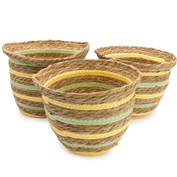 Paniers Forme Vase en Jonc de Mer & Paille – Naturel Jaune & Vert – Set de 3