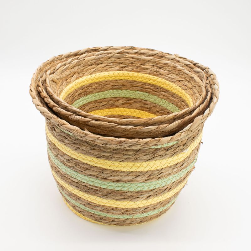 Paniers Forme Vase en Jonc de Mer & Paille – Naturel Jaune & Vert – Set de 3