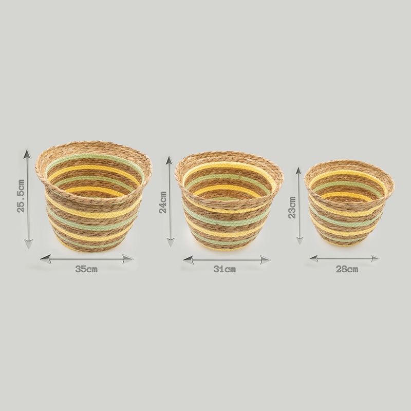 Paniers Forme Vase en Jonc de Mer & Paille – Naturel Jaune & Vert – Set de 3