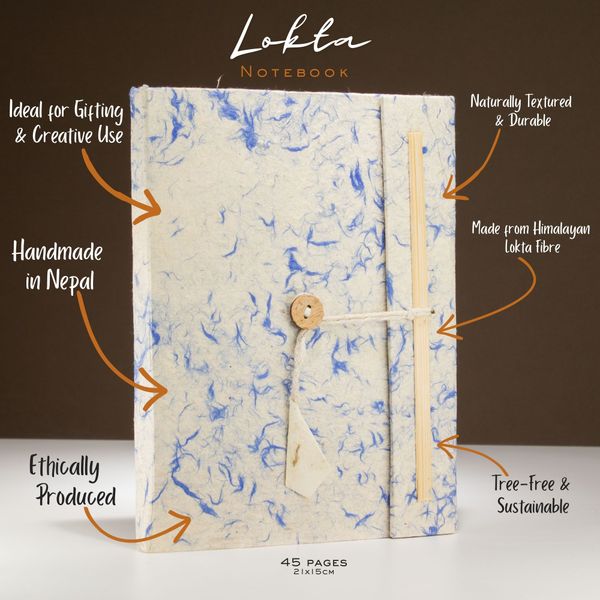 Grand carnet papier Lokta & Coton - bleu - avec marque-page