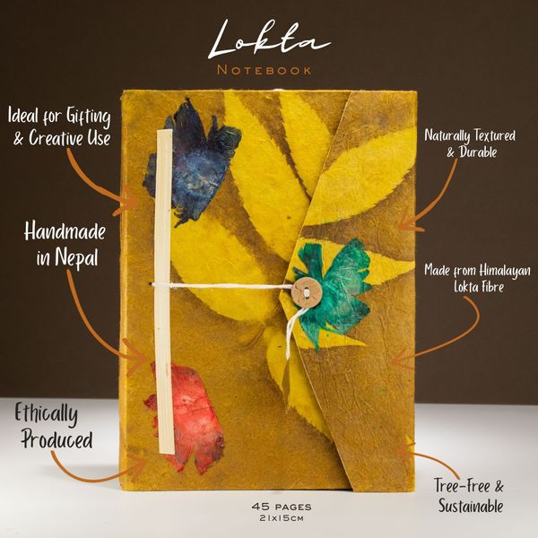Lrg Lokta Bold Floral - Notebook (21x15cm) - 45 leafs - inc bookmark -Olive