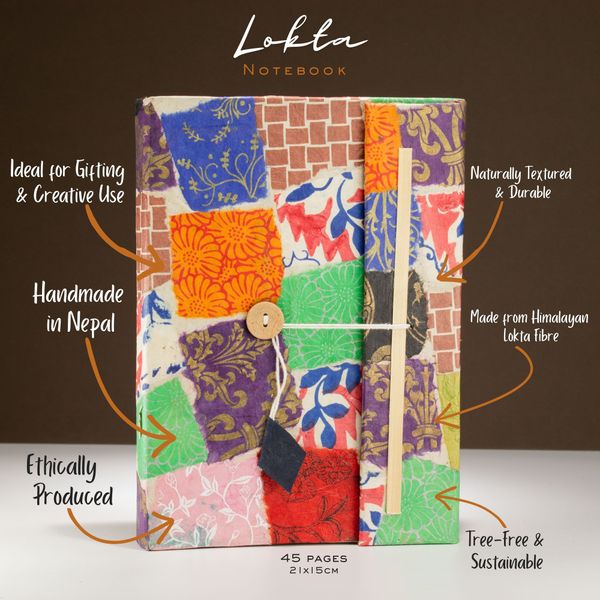 Lrg Lokta Patchwork- Notebook (21x15cm) - 45 leafs - inc bookmark - Multi Colour