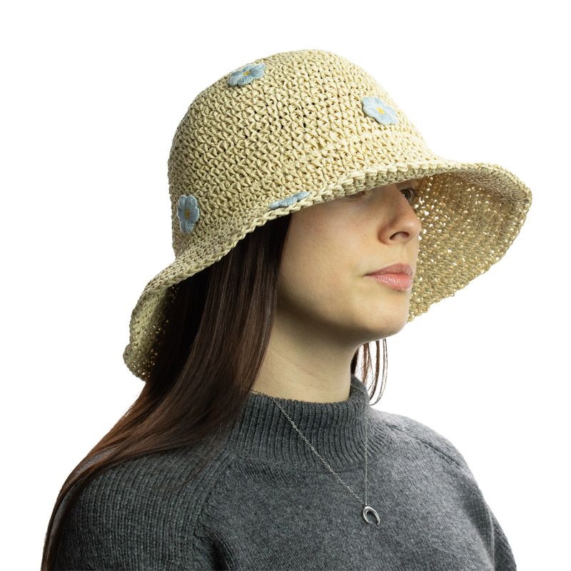 Nomad Sari Chapeau de soleil en paille souple - Fleurs beige et bleues