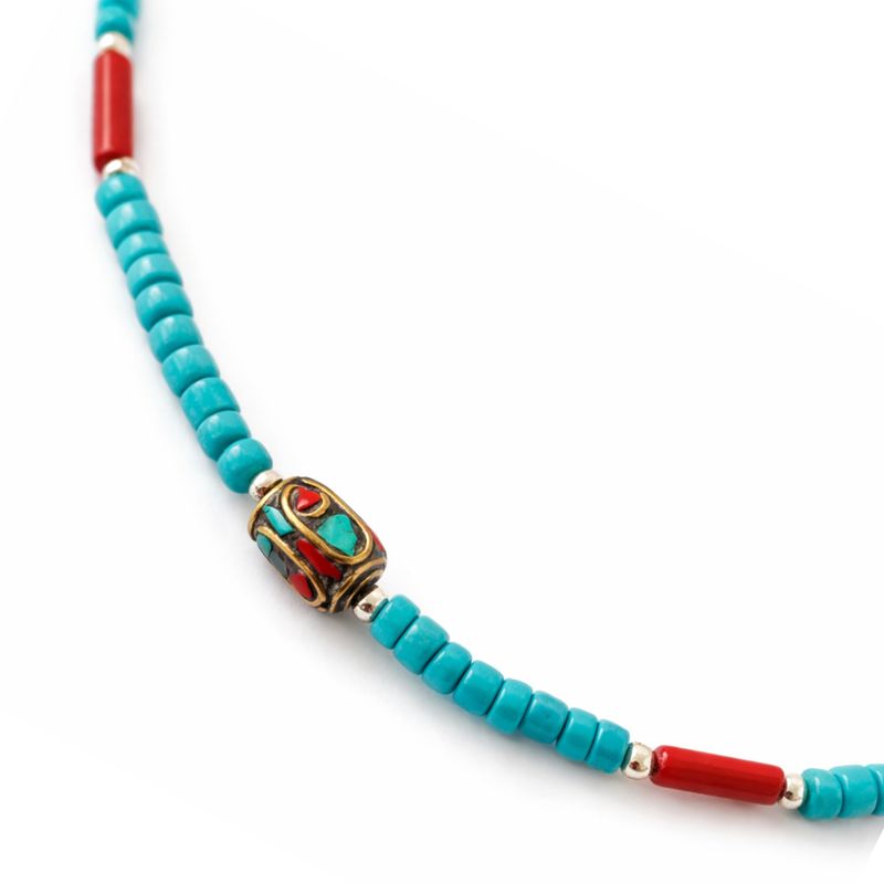 Parure Collier Perles Tribales Turquoise & Coralite Népalais & Bracelet
