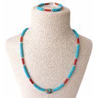 Parure Collier Perles Tribales Turquoise & Coralite Népalais & Bracelet