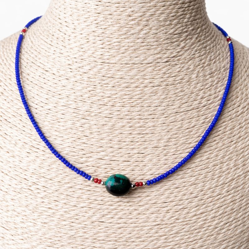 Collier Pendentif Lapis & Turquoise Népalais Fin (42 cm)