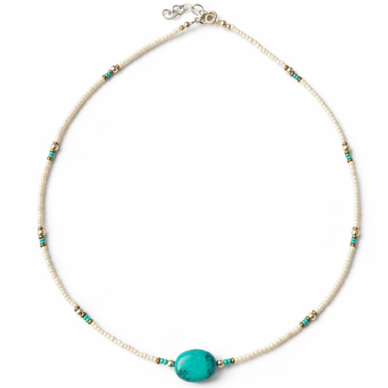 Collier Pendentif Perles Howlite & Turquoise Népalais Fin (42 cm)