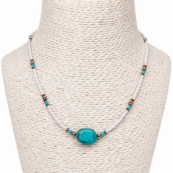 Collier Pendentif Perles Howlite & Turquoise Népalais Fin (42 cm)