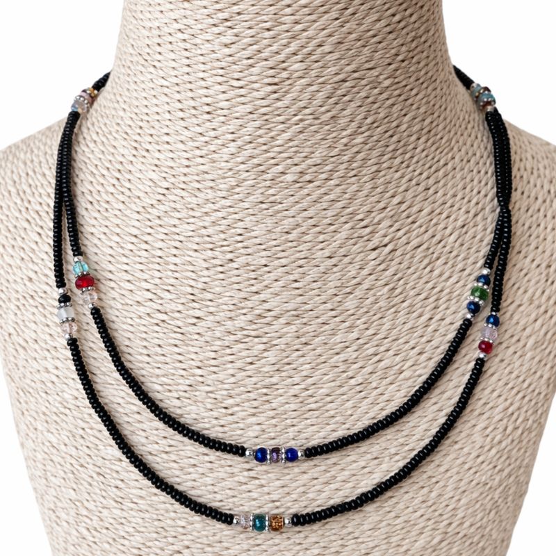 Collier Double Onyx Noir & Perles Facettées Népalais Fin (42 cm)