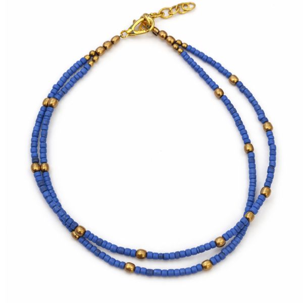 Bracelet de Cheville Double Lapis & Perles Laiton Népalais (22 cm)