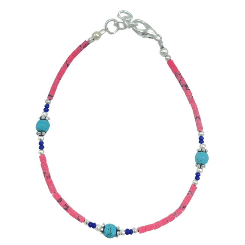 Bracelet Népalais en Pierre Extra-Fine - Corail Rose & Perles en Turquoise
