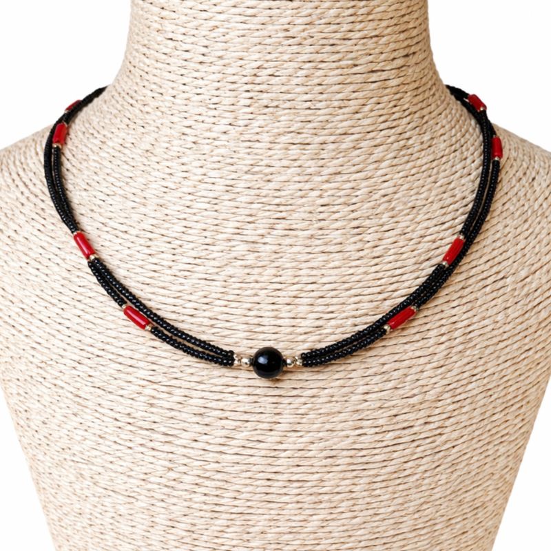 Collier Népalais Perles Extra Fines - 2 Rangées - Pendentif Noir