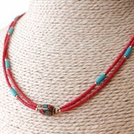 Collier Népalais Extra Fin - 2 Rangées - Pendentif Rose & Turquoise