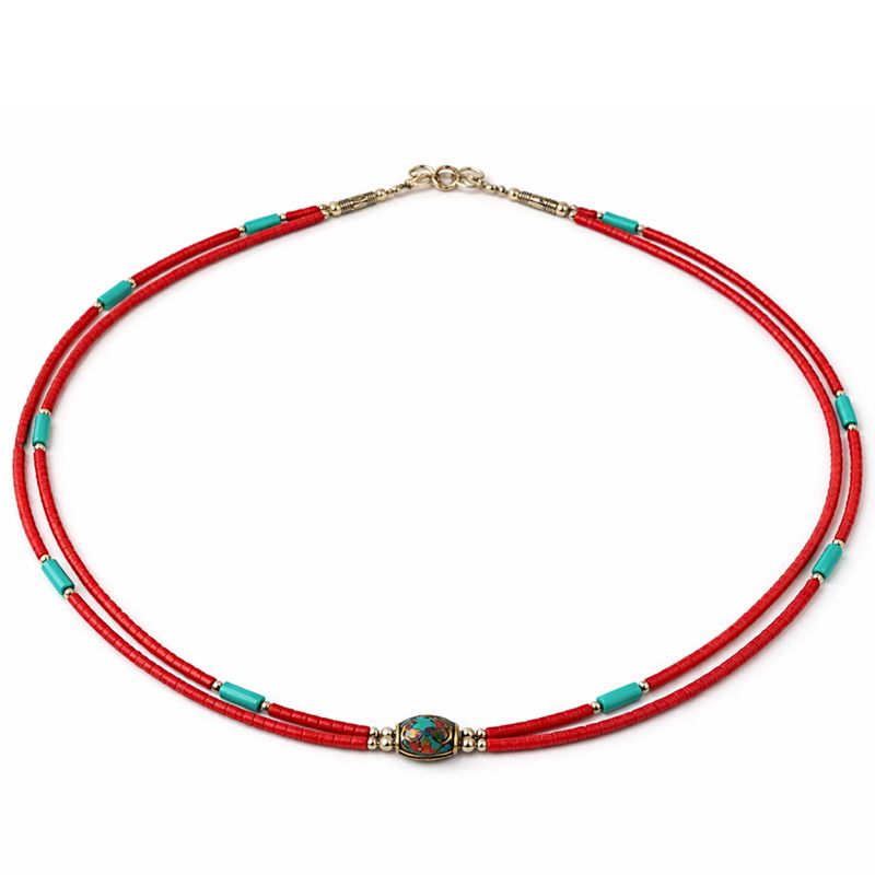 Collier Népalais Extra Fin - 2 Rangées - Pendentif Rose & Turquoise