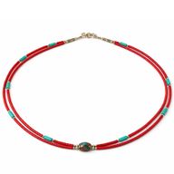 Collier Népalais Extra Fin - 2 Rangées - Pendentif Rose & Turquoise