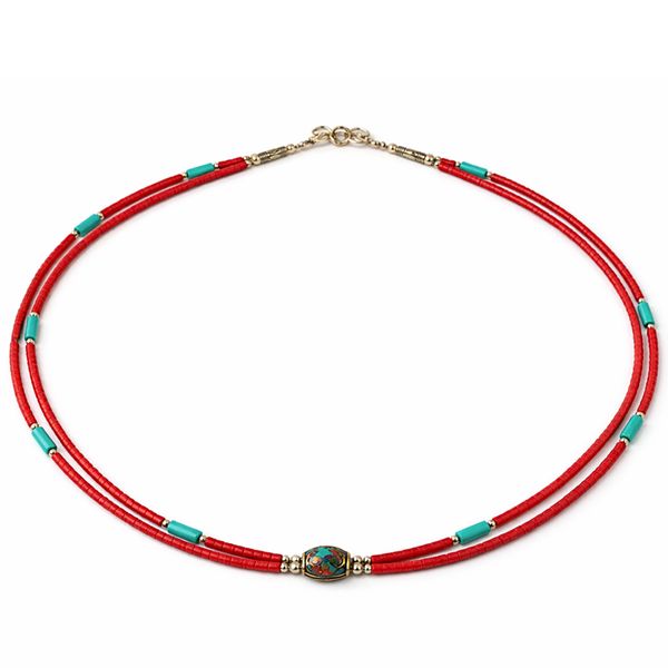Collier Népalais Extra Fin - 2 Rangées - Pendentif Rose & Turquoise