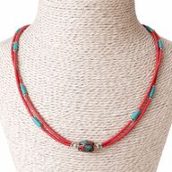 Collier Népalais Extra Fin - 2 Rangées - Pendentif Rose & Turquoise