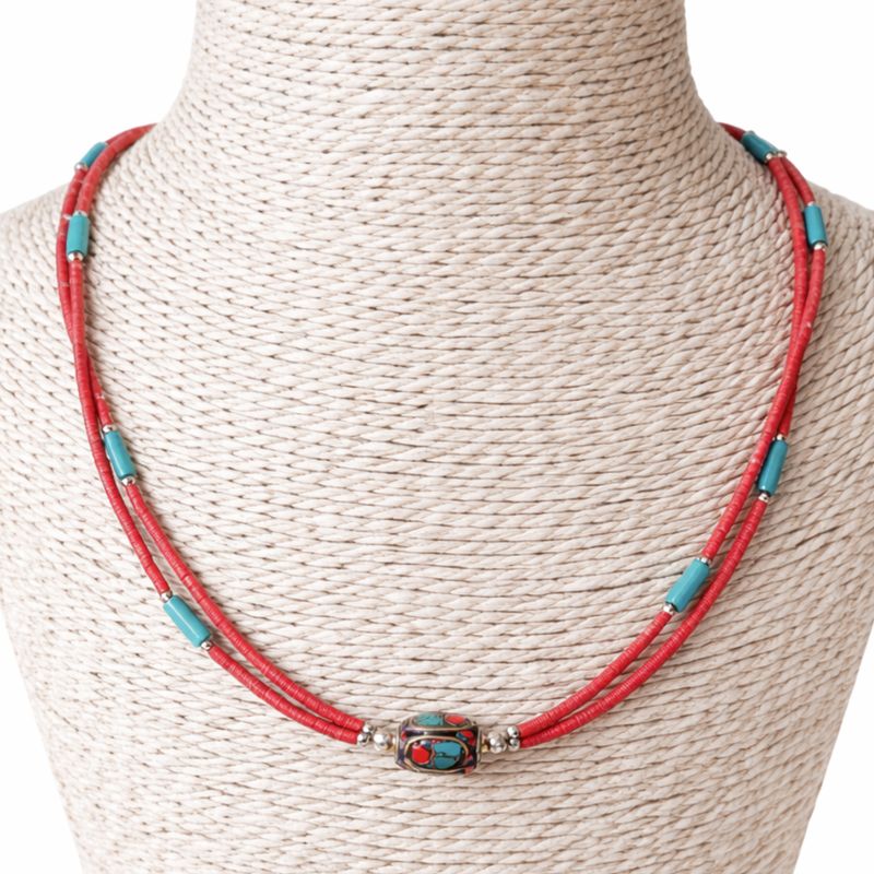 Collier Népalais Extra Fin - 2 Rangées - Pendentif Rose & Turquoise
