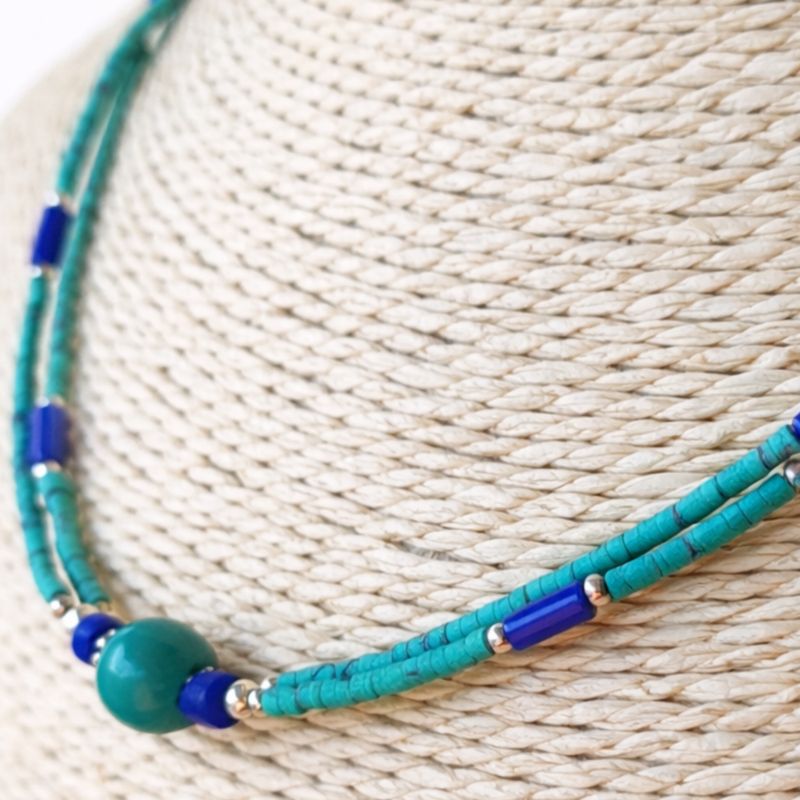 Collier Népalais Extra Fin - 2 Rangées - Pendentif Lapis Bleu