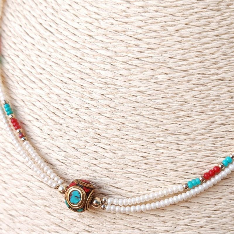 Collier Népalais Extra-Fin Deux Rangées - Pendentif Perle & Turquoise