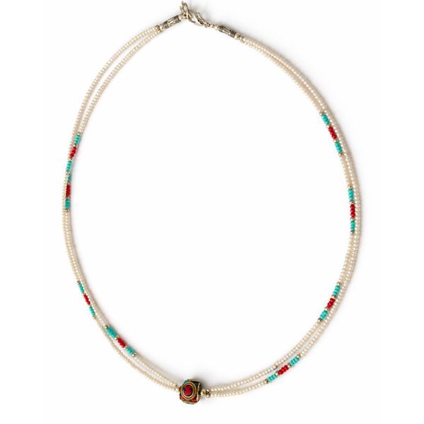 Collier Népalais Extra-Fin Deux Rangées - Pendentif Perle & Turquoise
