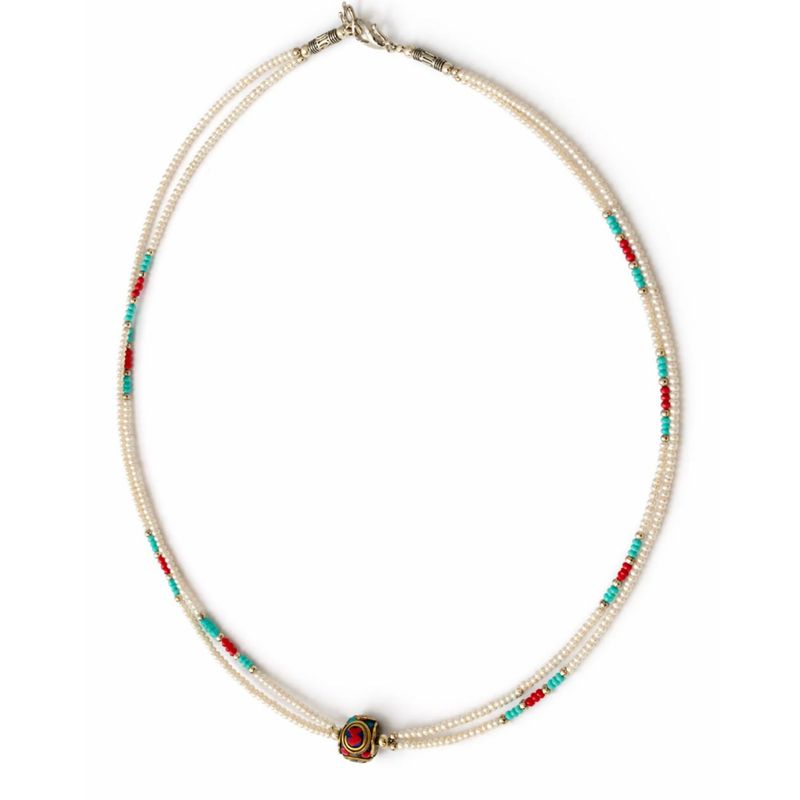 Collier Népalais Extra-Fin Deux Rangées - Pendentif Perle & Turquoise