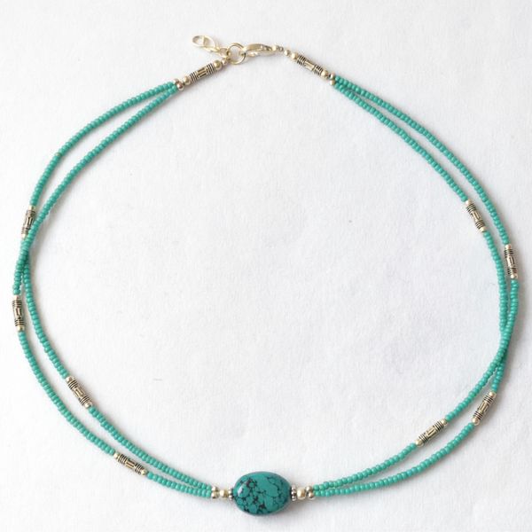 Collier Népalais Extra Fin - 2 Rangées - Turquoise