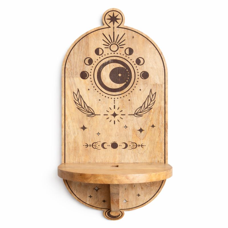 Étagère murale en arche gravée d'arbres et de phases lunaires