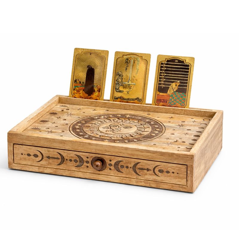 Boîte de tarot gravée Soleil et Lune avec tiroir