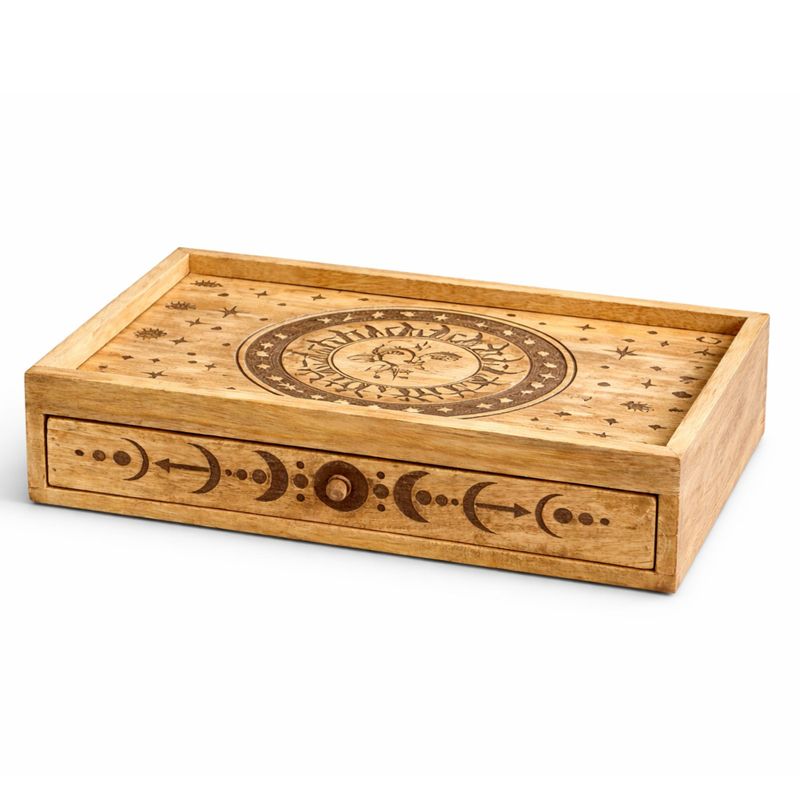 Boîte de tarot gravée Soleil et Lune avec tiroir