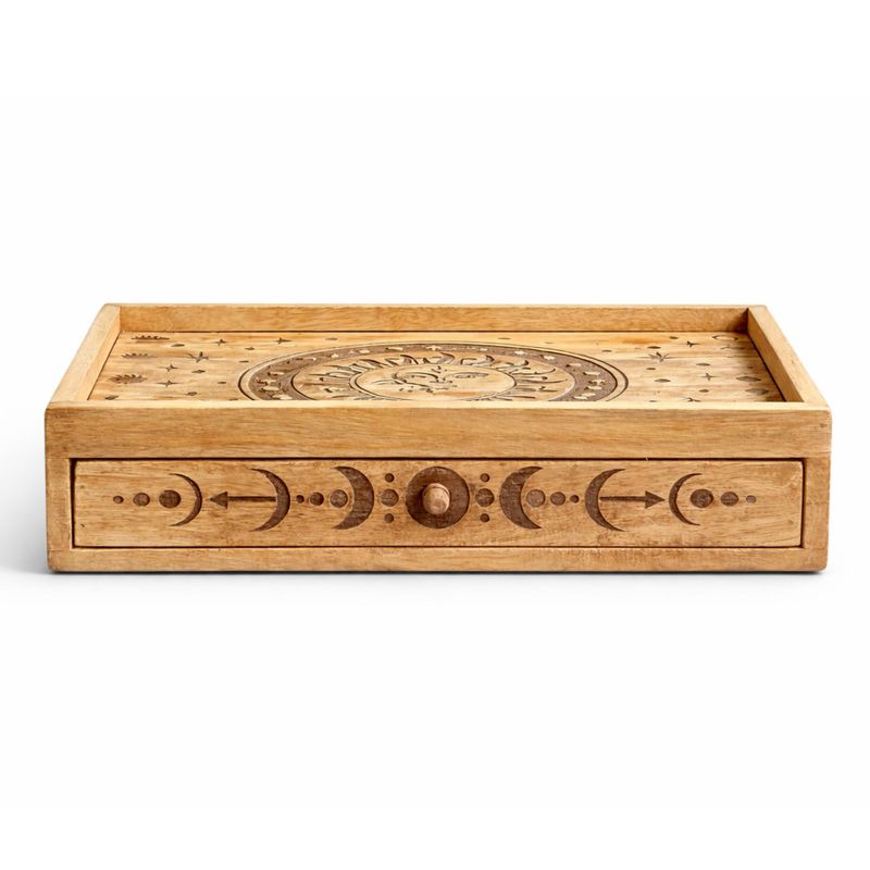 Boîte de tarot gravée Soleil et Lune avec tiroir