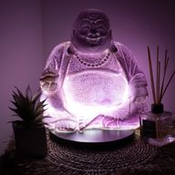 Lampe du Bouddha rieur craquelé lavande - socle rond