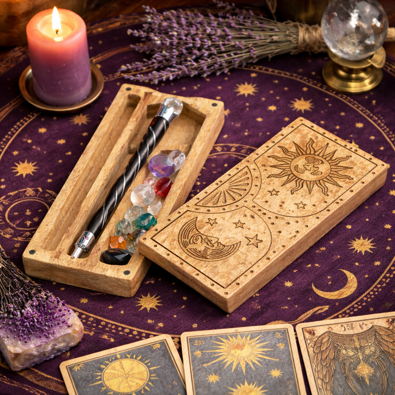 Boîte en cristal et pierre gravée Soleil et Lune