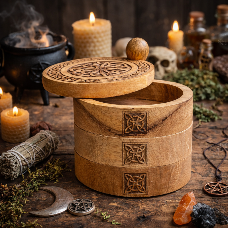 Boîte tournante à trois étages gravée dans le style celte