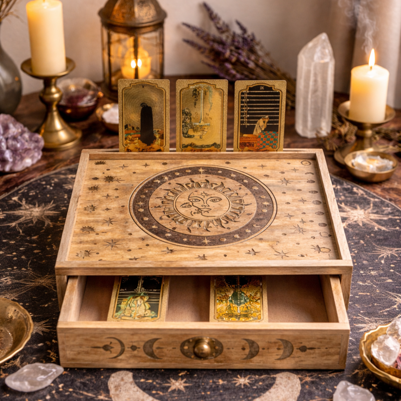 Boîte de tarot gravée Soleil et Lune avec tiroir