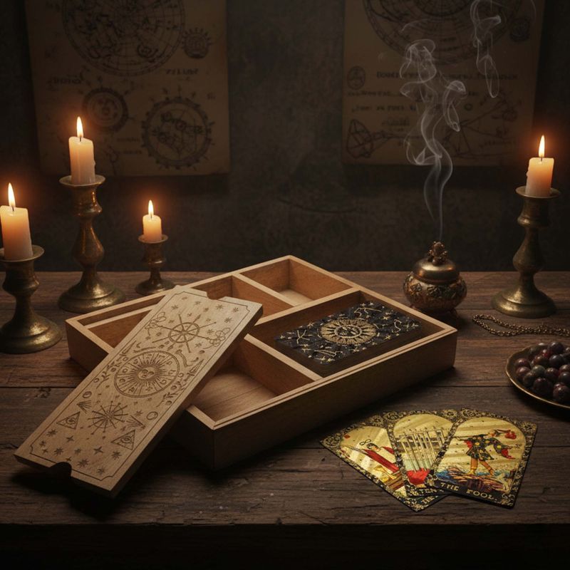 Boîte de tarot à quatre compartiments avec porte-cartes