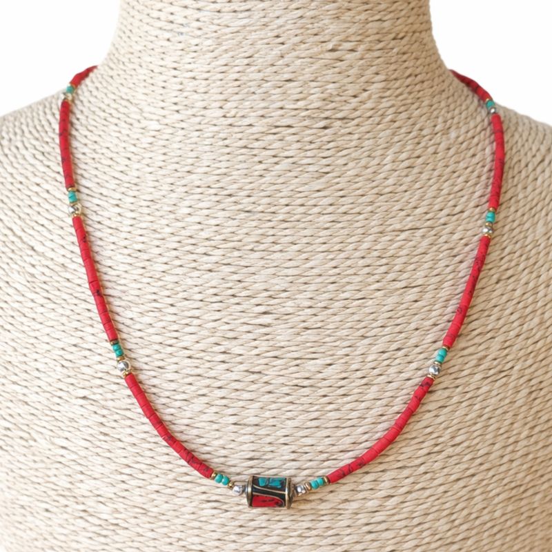 Collier Népalais en Pierre Extra-Fine - Perle Tribale Corail