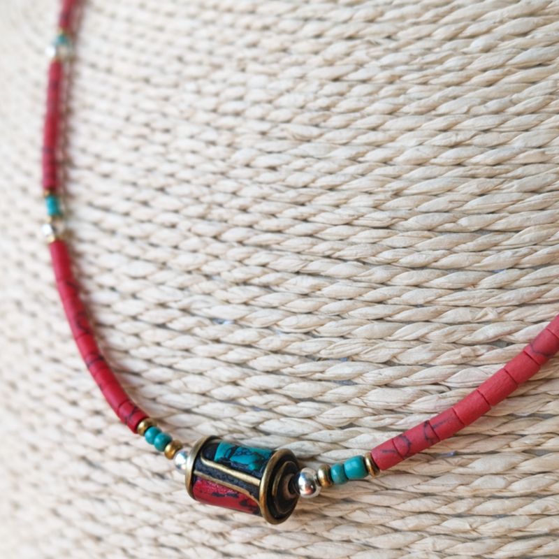 Collier Népalais en Pierre Extra-Fine - Perle Tribale Corail