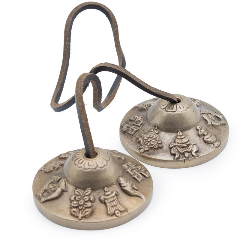 Tingsha tibétain en laiton premium - Symboles porte-bonheur - environ 6 cm (155 g)