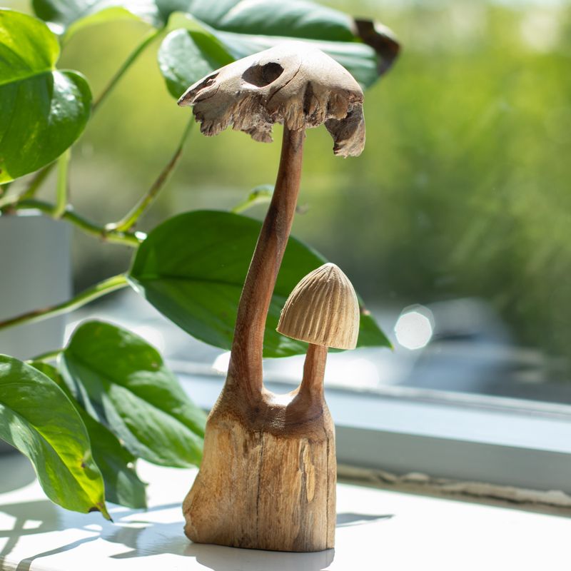Sculpture Artisanale en Bois Parasite – Duo de Champignons