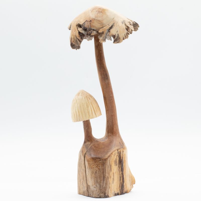 Sculpture Artisanale en Bois Parasite – Duo de Champignons
